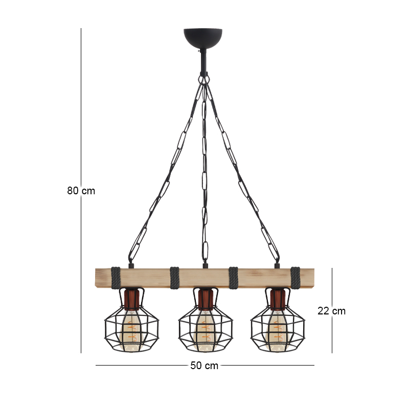 Φωτιστικό οροφής Lumenia Megapap E27 ξύλινο - μεταλλικό τρίφωτο χρώμα φυσικό - μαύρο 50x14x80εκ.