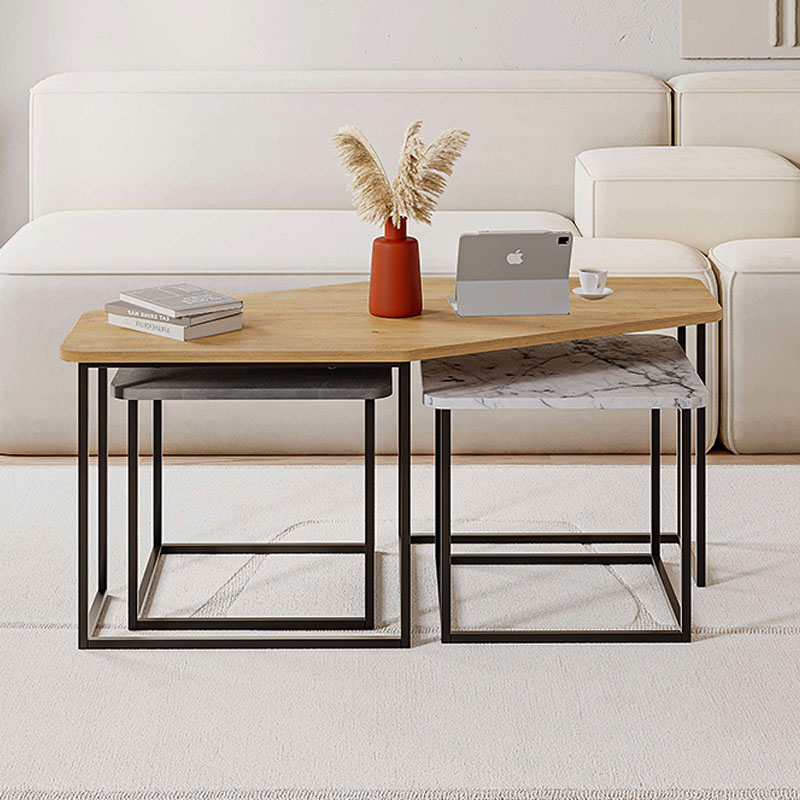 Τραπεζάκι σαλονιού σετ 3 τμχ. Nesty Megapap χρώμα saphhire oak - γκρι ρετρό - λευκό εφέ μαρμάρου 110x60x48εκ.