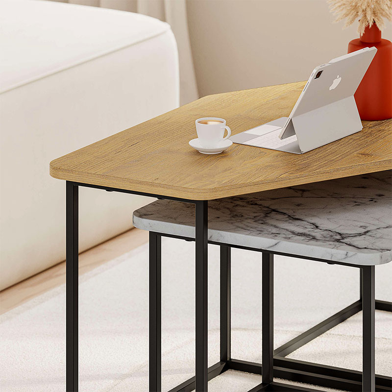 Τραπεζάκι σαλονιού σετ 3 τμχ. Nesty Megapap χρώμα saphhire oak - γκρι ρετρό - λευκό εφέ μαρμάρου 110x60x48εκ.