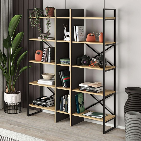 Βιβλιοθήκη Detroit Megapap χρώμα sapphire oak - silky black 143,5x35,2x175εκ. Βιβλιοθήκη Detroit Megapap χρώμα sapphire oak - silky black 143,5x35,2x175εκ.