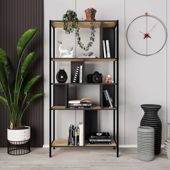 Βιβλιοθήκη Midi Megapap χρώμα sapphire oak - silky black 88x35x175εκ. Βιβλιοθήκη Midi Megapap χρώμα sapphire oak - silky black 88x35x175εκ.