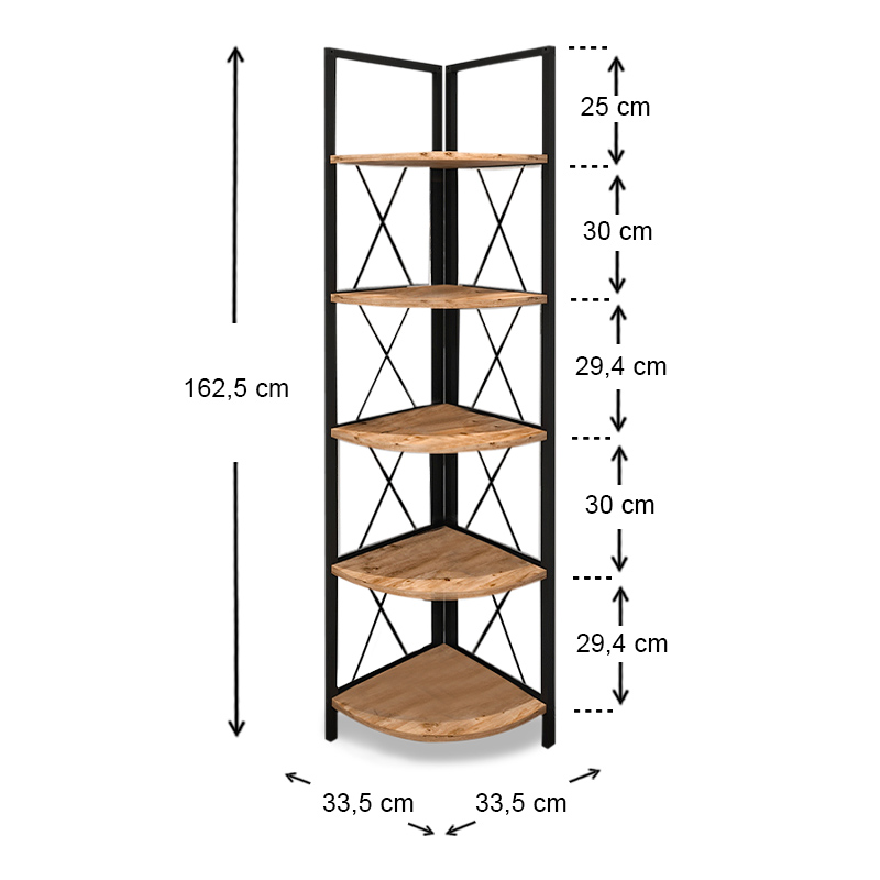 Βιβλιοθήκη γωνιακή Kelsie Megapap χρώμα μαύρο - pine oak 33x33x162εκ.