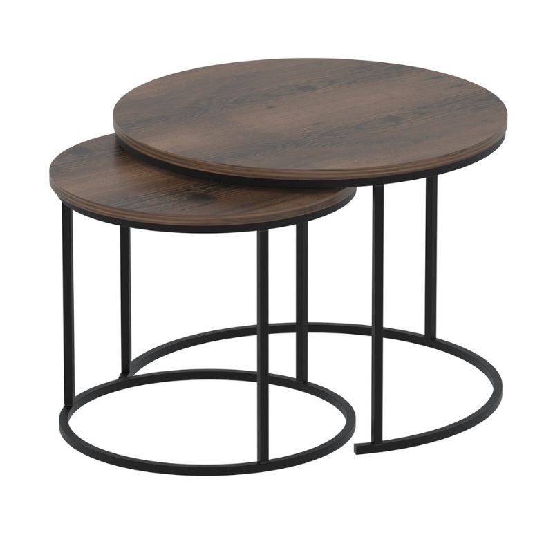 Τραπεζάκι σαλονιού σετ 2 τμχ Hilal Megapap χρώμα καπνιστή καρυδιά Ø66x49,5εκ.