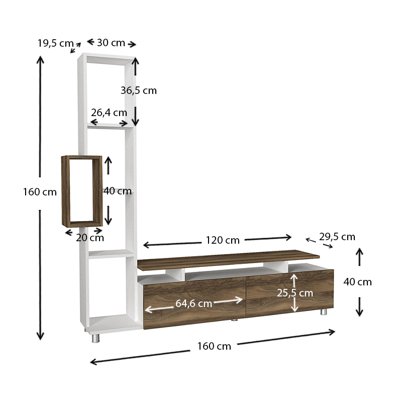 Σύνθεση τηλεόρασης Tulip Megapap χρώμα λευκό - καρυδί 160x29,5x160εκ.