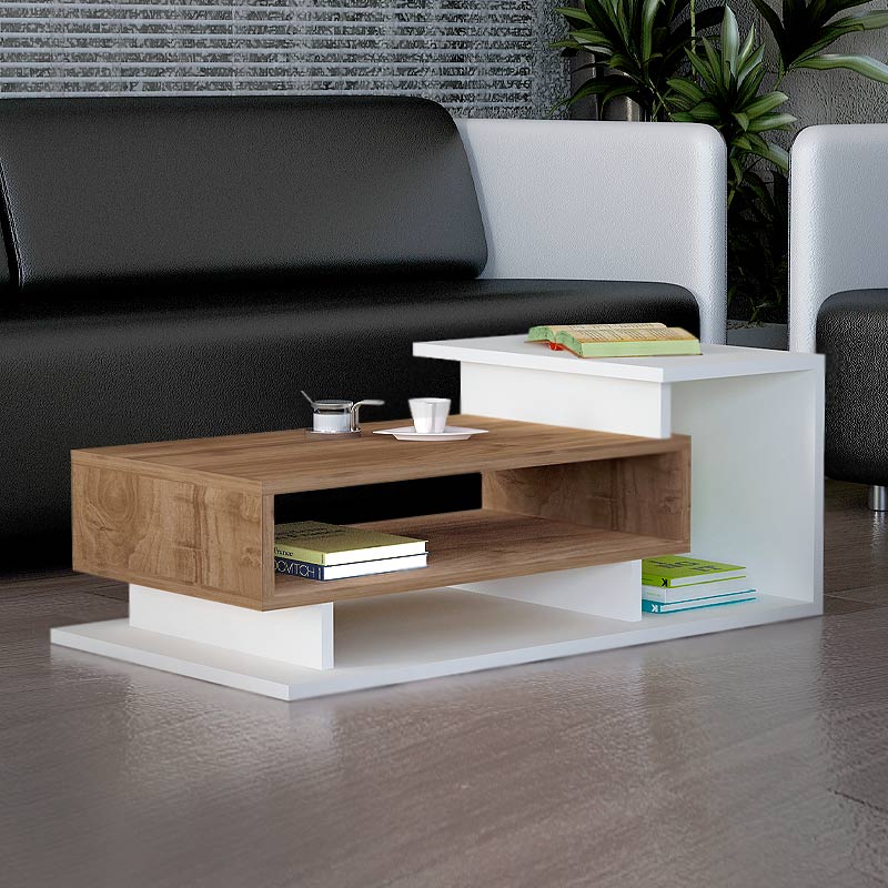 Τραπεζάκι σαλονιού Flynn Megapap χρώμα λευκό - καρυδί 90x50x35εκ.