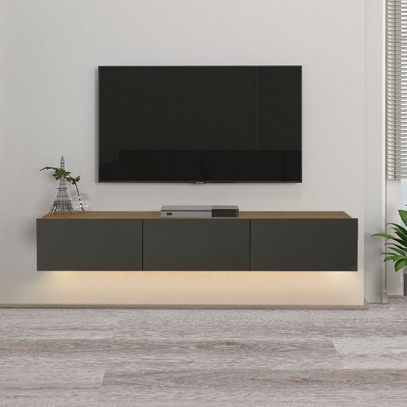 Έπιπλο τηλεόρασης επιτοίχιο Damla Megapap με LED χρώμα sapphire oak - ανθρακί 180x29,5x29,5εκ.