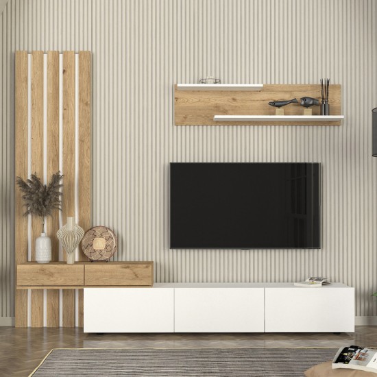 Σύνθεση τηλεόρασης Rosaline Megapap χρώμα λευκό - sepet oak 233x31,3x196,8εκ. Σύνθεση τηλεόρασης Rosaline Megapap χρώμα λευκό - sepet oak 233x31,3x196,8εκ.