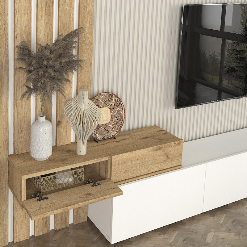 Σύνθεση τηλεόρασης Rosaline Megapap χρώμα λευκό - sepet oak 233x31,3x196,8εκ.