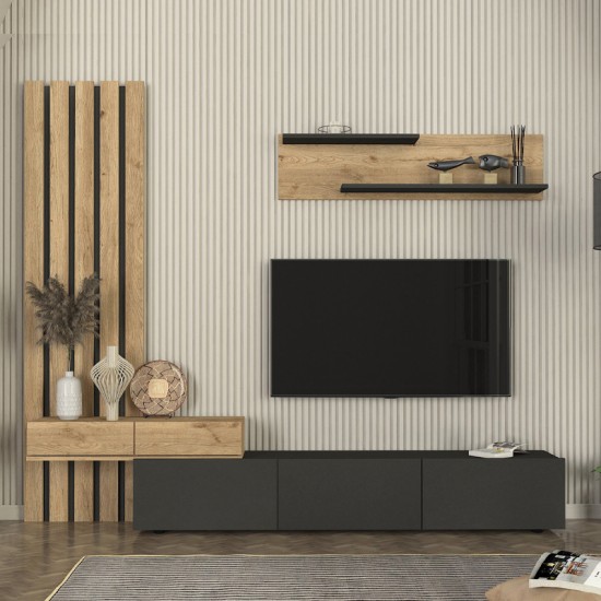 Σύνθεση τηλεόρασης Rosaline Megapap χρώμα ανθρακί - sepet oak 233x31,3x196,8εκ. Σύνθεση τηλεόρασης Rosaline Megapap χρώμα ανθρακί - sepet oak 233x31,3x196,8εκ.