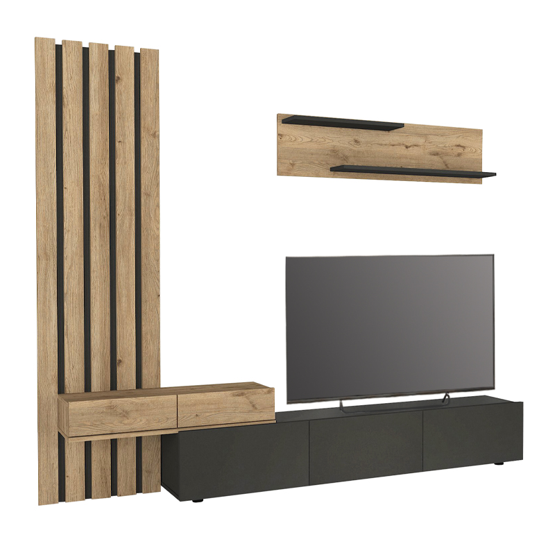 Σύνθεση τηλεόρασης Rosaline Megapap χρώμα ανθρακί - sepet oak 233x31,3x196,8εκ.