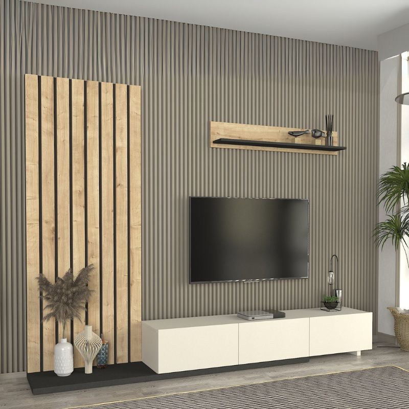 Σύνθεση τηλεόρασης Nagini Megapap χρώμα ivory - sapphire oak - ανθρακί 260x39,4x203,6εκ.