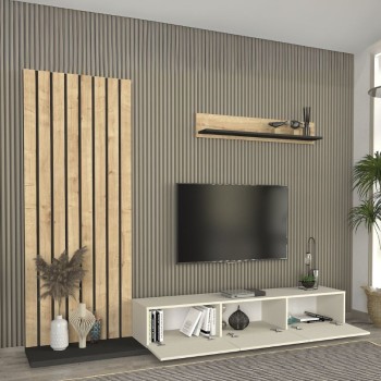 Σύνθεση τηλεόρασης Nagini Megapap χρώμα ivory - sapphire oak - ανθρακί 260x39,4x203,6εκ.