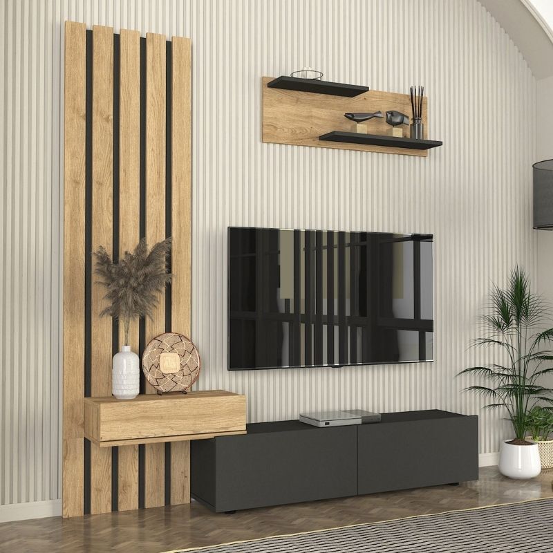 Σύνθεση τηλεόρασης Rosaline Megapap χρώμα ανθρακί - sepet oak 183x31,3x196,9εκ.