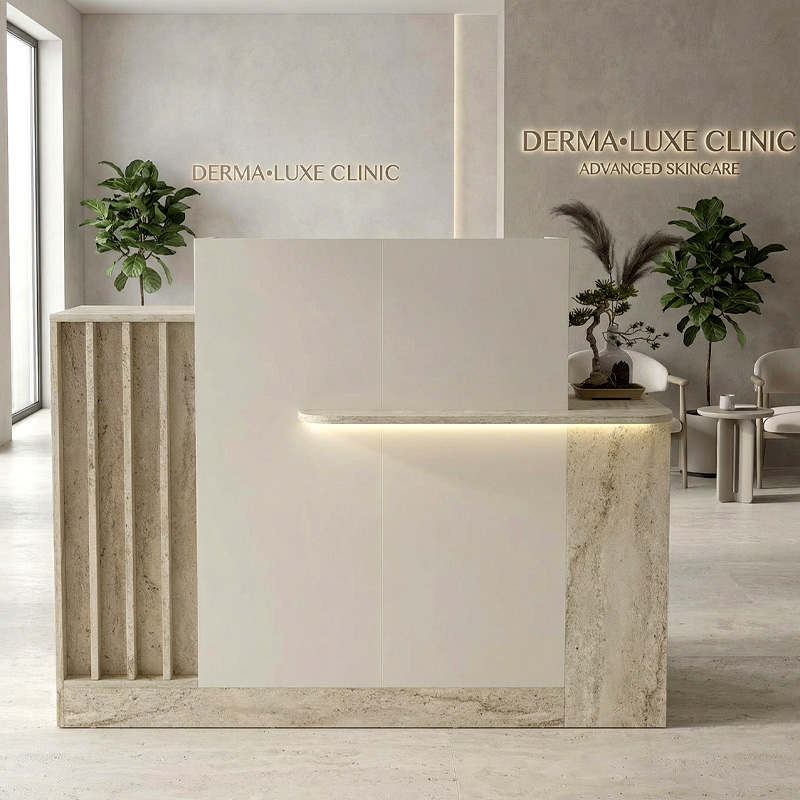 Γραφείο υποδοχής - reception Dayana Megapap με LED χρώμα travertine - sandstone 150x85,2x120εκ.