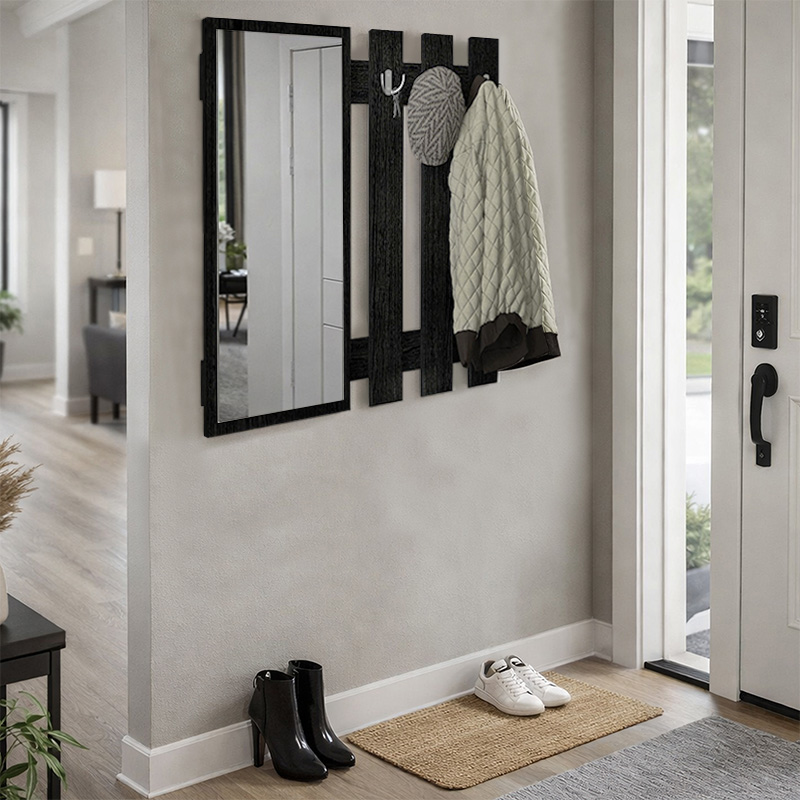 Κρεμάστρα τοίχου με καθρέπτη Folin Megapap χρώμα sencron black 90x4x90εκ.