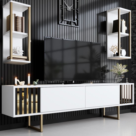 Σύνθεση τηλεόρασης Goldline Megapap χρώμα λευκό - χρυσό 180x30x48εκ. Σύνθεση τηλεόρασης Goldline Megapap χρώμα λευκό - χρυσό 180x30x48εκ.