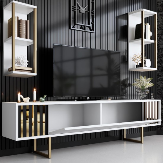 Σύνθεση τηλεόρασης Goldline Megapap χρώμα λευκό - χρυσό 180x30x48εκ. Σύνθεση τηλεόρασης Goldline Megapap χρώμα λευκό - χρυσό 180x30x48εκ.