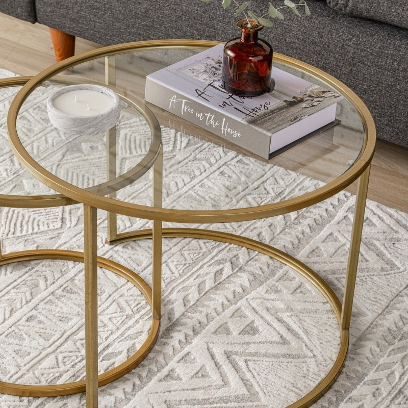 Τραπεζάκι σαλονιού σετ 2 τμχ Vetro Megapap μέταλλο - γυαλί χρώμα χρυσό Ø60x43εκ.