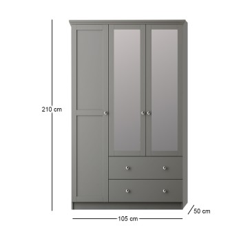 Ντουλάπα ρούχων Emily Megapap τρίφυλλη με καθρέπτη και συρτάρια χρώμα ανθρακί 105x50x210εκ.