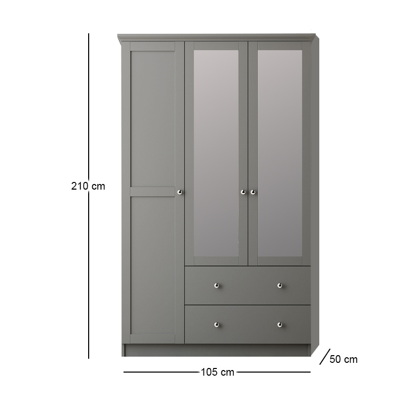 Ντουλάπα ρούχων Emily Megapap τρίφυλλη με καθρέπτη και συρτάρια χρώμα ανθρακί 105x50x210εκ.