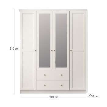 Ντουλάπα ρούχων Emily Megapap τετράφυλλη με καθρέπτη και συρτάρια χρώμα λευκό 140x50x210εκ.