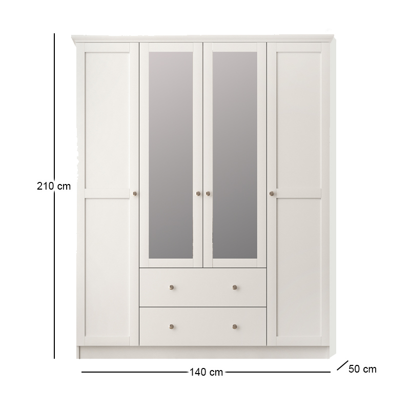 Ντουλάπα ρούχων Emily Megapap τετράφυλλη με καθρέπτη και συρτάρια χρώμα λευκό 140x50x210εκ.