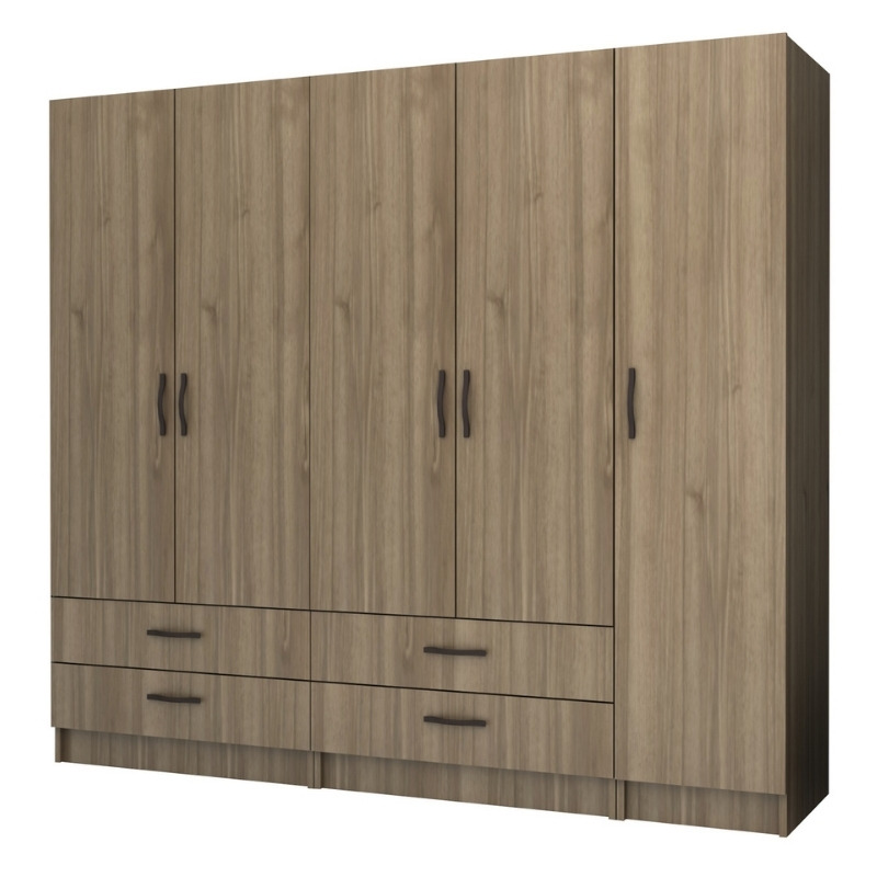 Ντουλάπα ρούχων Ricardo Megapap πεντάφυλλη με συρτάρια χρώμα καρυδί 200x51,8x181εκ.