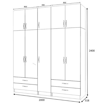 Ντουλάπα ρούχων Ricardo Megapap πεντάφυλλη με πατάρι και συρτάρια χρώμα φυσικό οξιάς 200x51,8x240εκ.