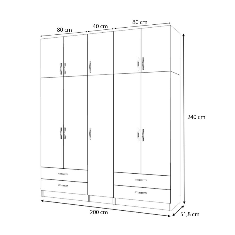 Ντουλάπα ρούχων Ricardo Megapap πεντάφυλλη με πατάρι και συρτάρια χρώμα φυσικό οξιάς 200x51,8x240εκ.