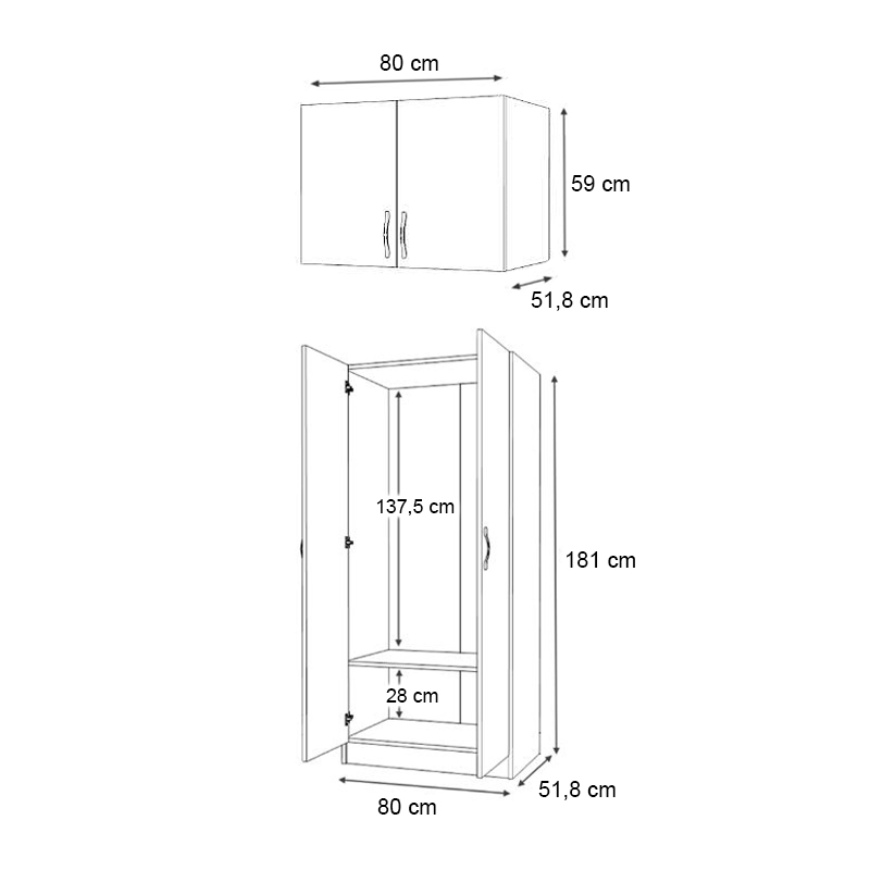 Ντουλάπα ρούχων Vivian Megapap δίφυλλη με πατάρι χρώμα φυσικό οξιάς 80x51,8x240εκ.