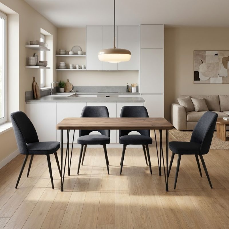 Σετ τραπεζαρία 5τμχ Roger - Christy Megapap Mdf - ύφασμα χρώμα ακακίας - ανθρακί 120x70x75εκ.