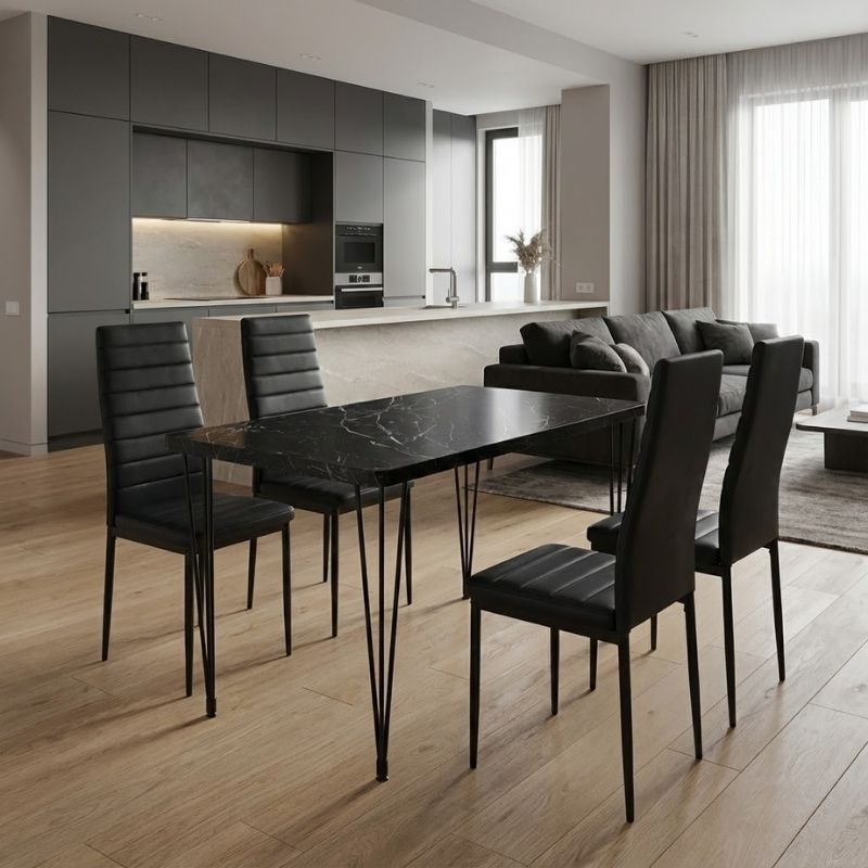 Σετ τραπεζαρία 5τμχ Roger - Rosa Megapap Mdf - PU χρώμα μαύρο εφέ μαρμάρου - μαύρο 120x70x75εκ.