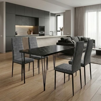 Σετ τραπεζαρία 5τμχ Roger - Rosa Megapap Mdf - ύφασμα χρώμα μαύρο εφέ μαρμάρου - γκρι 120x70x75εκ.