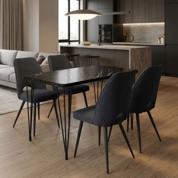 Σετ τραπεζαρία 5τμχ Roger - Christy Megapap Mdf - ύφασμα χρώμα μαύρο εφέ μαρμάρου - ανθρακί 120x70x75εκ.