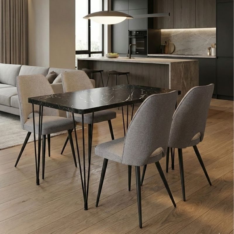 Σετ τραπεζαρία 5τμχ Roger - Christy Megapap Mdf - ύφασμα χρώμα μαύρο εφέ μαρμάρου - ανοιχτό μπεζ 120x70x75εκ.