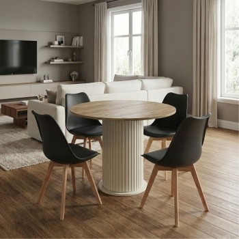 Σετ τραπεζαρία 5τμχ Bohema - Viva Megapap χρώμα ivory/sepet oak - μαύρο/φυσικό πόδι Ø90x77,7εκ.