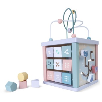 Wooden learning cube, sorter, mula, clock