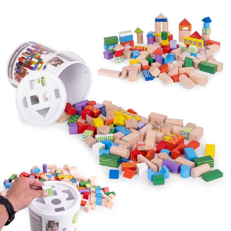Wooden blocks for children, 100 pieces, sorter bucket ECOTOYS