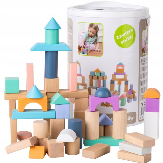 Wooden blocks 100 pcs, bucket + sorter Ecotoys Wooden blocks 100 pcs, bucket + sorter Ecotoys