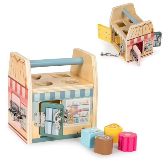 Wooden educational cube, block sorter, four locks, handle Wooden educational cube, block sorter, four locks, handle