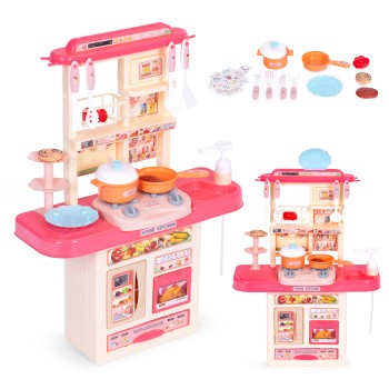 Children's kitchen with sounds, LED lights, sink, 10 accessories, pink