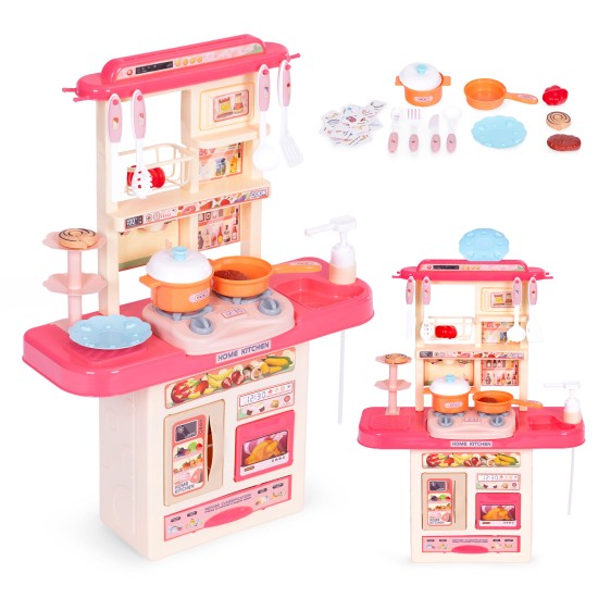 Childrens kitchen with sounds, LED lights, sink, 10 accessories, pink