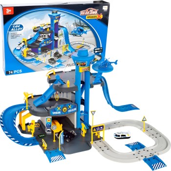 Police station car garage, 3 levels with elevator, cars + helicopter, 74 pieces