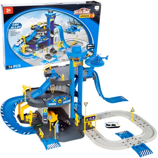 Police station car garage, 3 levels with elevator, cars + helicopter, 74 pieces Police station car garage, 3 levels with elevator, cars + helicopter, 74 pieces