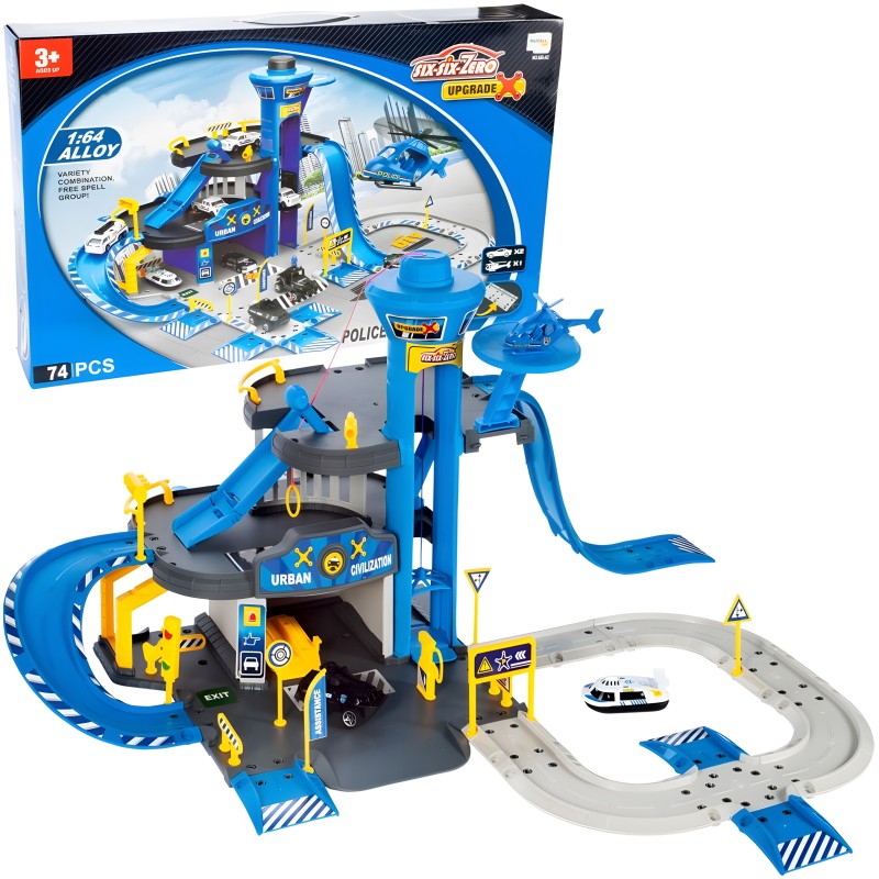 Police station car garage, 3 levels with elevator, cars + helicopter, 74 pieces