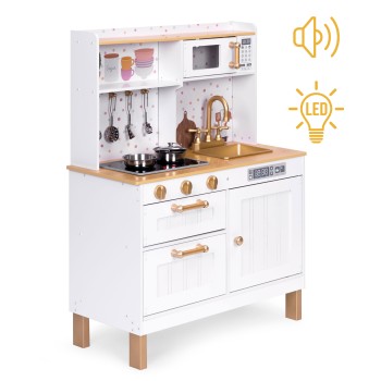 Wooden play kitchen for kids with sounds and LED, large, with opening cabinets and 7 accessories, ECOTOYS
