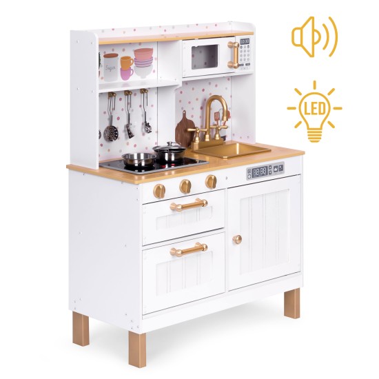 Wooden play kitchen for kids with sounds and LED, large, with opening cabinets and 7 accessories, ECOTOYS