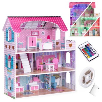 Wooden dollhouse with LED lighting + furniture set ECOTOYS