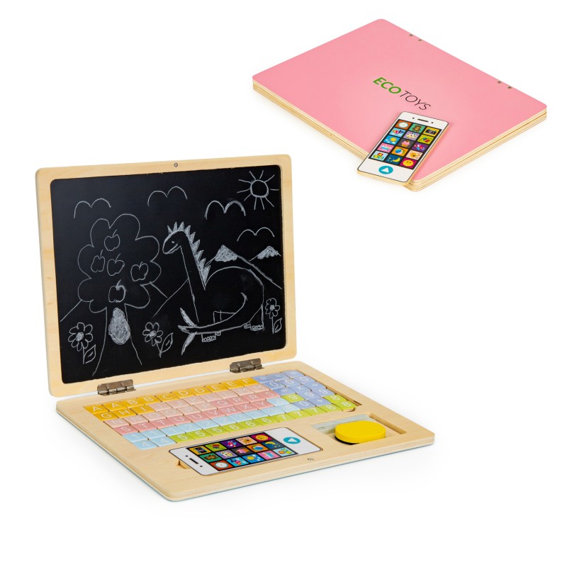 Wooden Magnetic educational blackboard laptop with phone and letters ECOTOYS