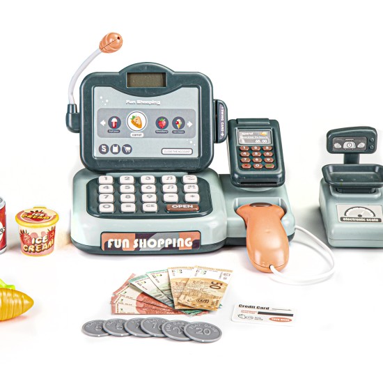 Store cash register, products, scanner, calculator, sounds Store cash register, products, scanner, calculator, sounds